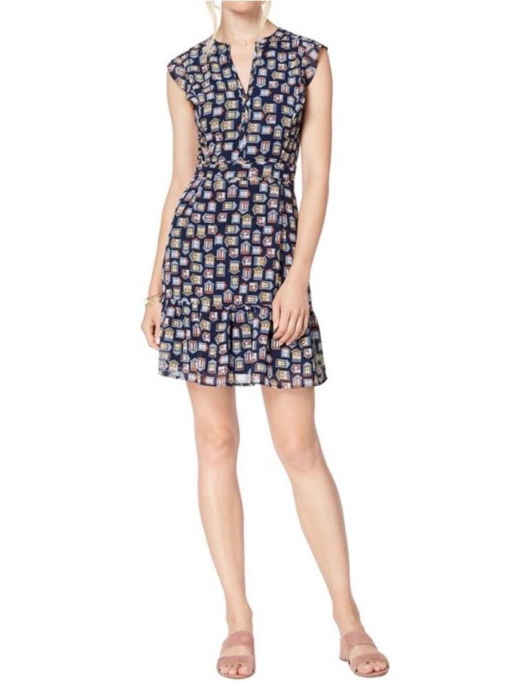 NWT Maison Jules Womens Flounce-Trim Fit & Flare Dress, Blue House Print Size 10